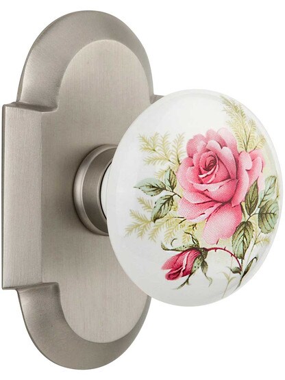 Arched Rosette Door Set with Rose Porcelain Knobs in Satin Nickel.